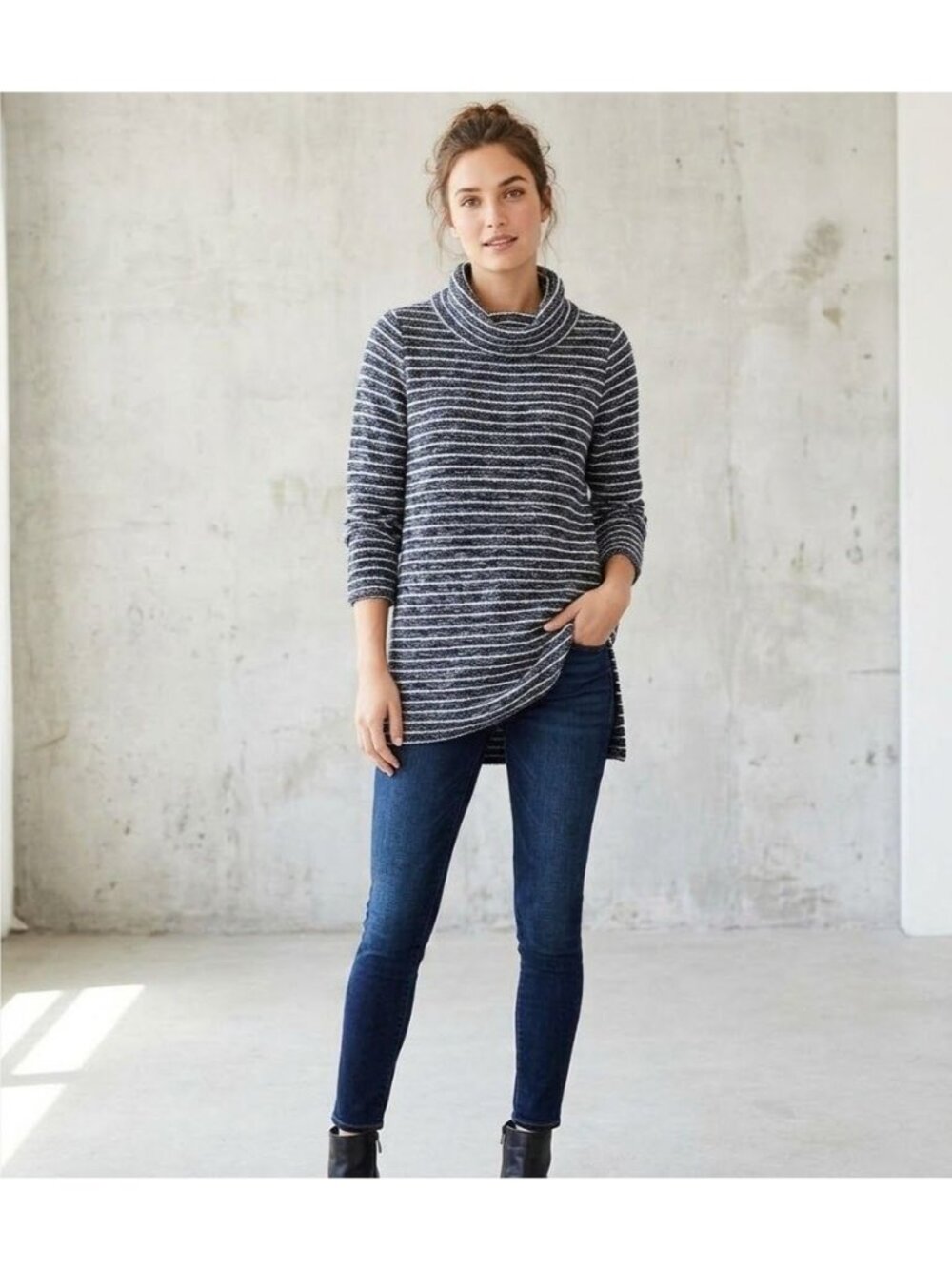 Loft Womens Petite Striped Cowl Neck Sweater Tunic Black & White Medium Petite